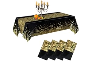 ‎CHEPULA CHEPULA Tischdecke Einweg, [4 Stück] Wasserdicht Geburtstag Tischdecken, Rechteckig Tischtuch Geeignet für Party, Kindergeburtstag, Hochzeit, Weihnachten, 137 x 274 cm, Schwarz & Gold