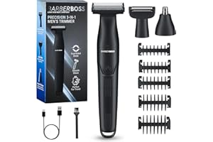 BarberBoss Rifinitore di Precisione 3 in 1 per Uomo, Kit per la Cura di Barba e Capelli, Rifinitore per il Corpo, Rifinitore per Naso e Orecchie, Rasoio Ricaricabile Senza Fili, QR-2301 (Nero)