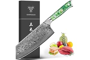 SANMUZUO Coltello Nakiri Professionale - Coltello da Cucina 19 cm, Coltello da Chef Acciaio Damasco da 67 Strati- Impugnatura Ergonomica Resina - Xuan Series(Smeraldo Verde)