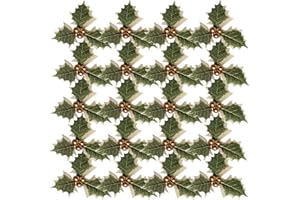YUKIYI 30 Pcs Artificial Holly Leaves with Berries Holly Leaves and Berries for Craft Christmas Decorations Flowers Holly Cake Decorations Wrapping Accessories Gift Wrap Accessories Gift Present Toppers