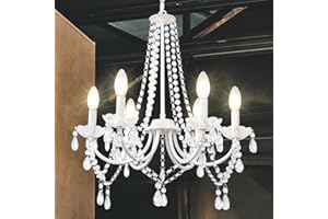 ‎KMAIPEM KMaiPem Kronleuchter Weiss 6 Flammig Modern Höhenverstellbar Weiß Landhaus Kristall Pendelleuchte Vintage Metall Landhaus Beleuchtung für Wohnzimmer, Schlafzimmer