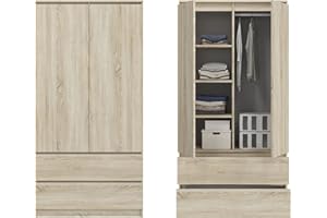 Home Collective Kleiderschrank Schrank Sonoma 180cm Höhe 90cm Breite mit 2 Schubladen, 3 Einlegeböden und Kleiderstange Haushaltsschrank Organizer aus MDF Holz erweiterbar auf 235cm Höhe