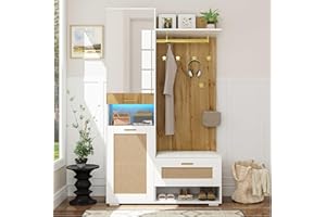 Oslghy Garderoben Set, Garderobenset Flur, Flurgarderobe Set mit Spiegel und 16-Farbiger LED, Wandgarderobe mit Schuhbank und Kissen, Kompaktgarderobe Schuhschrank mit 5 Kleiderhaken, 110x38x190cm