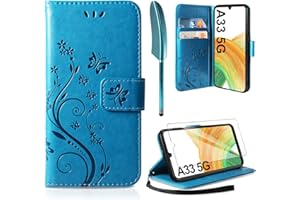 AROYI Lederhülle Kompatibel mit Samsung Galaxy A33 5G Hülle und Schutzfolie, Flip Wallet Handyhülle PU Leder Tasche Case Kartensteckplätzen Schutzhülle Kompatibel mit Samsung Galaxy A33 5G (Blau)