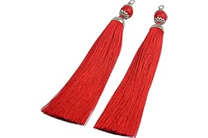 Makhry 10pcs 6.3 Inches Handmade Silky Floss Lobster Clasp Tassel Key Chain Beads Bookmark Tassel Pendant for DIY Craft Jewelry Women Earring(Red, Long)
