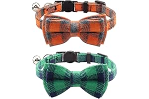 Joytale Natalizio Collare Gatto Regolabile, 2 Confezione, Collarino Gatto Antistrozzo con Campanellino e Papillon, Collare Plaid per Gattino e Alcuni Cuccioli, Verde + Arancio