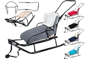 GagaDumi Oslo Schlitten aus Metall mit Rücklehne mit Sicherheitsgurte Schubbügel und Fußsack Babyschlitten Rodel Ideal für Kinder und Erwachsene Belastung bis 120 kg