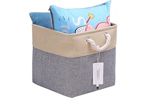 CREADARD Fabric Cube Storage Box, 13x13x13 inch Foldable Linen Cube Storage Basket for Nursery and Home, Collapsible Canvas Shelf Basket for Wardrobe or Bedroom, Blue and Grey and Beige