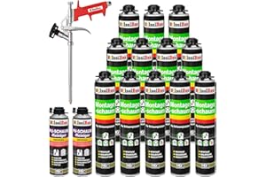 Isolbau Bauschaum-Set - Inkl. 12 x 1K Montageschaum B2 Pistolenschaum mit hervorragender Schall und Wärmedämmung (je 750 ml), 2 x PU-Schaum-Reiniger (500 ml) & 1 x Schaumpistole, Dämmen