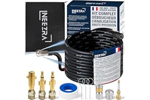 NEEZRA Kit 7‑en‑1 Déboucheur canalisation haute pression 20 m – furet Karcher avec 3 buses rotative, perforante & ressort, 3 adaptateurs laiton Karcher/Lavor/Bosch, ruban téflon, 60 °C