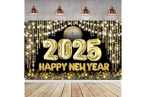 LECONCES Silvester Deko 2025 Neujahrs Hintergrund Banner, XXL Neujahr Deko, Große Happy New Year Banner, 2025 Silvester Thema Party für Neujahr Indoor und Outdoor Dekoration(180 * 110cm)