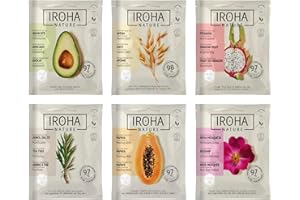 IROHA NATURE - SET 6 Maschere Viso in Tessuto Natural Extracts | Avocado, Albero del Tè, Rosa Canina, Papaia, Pitaya e Avena | per Pelle Sana e Idratata