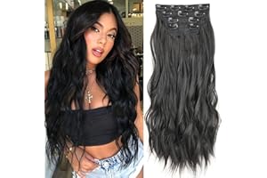 Mscat 20 Inch Wavy Black Clip in Hair Extensions - 4PCS Full Head Set Thick Curly Synthetic Hair Pieces for Women Girls (1B#)