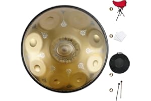 GLADFRESIT Handpan in D Kurd Minor with handpan stand, handpan case, durable mallets and dust-free cloth (Sun Gold, 9-432HZ)