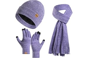 Enwokran Tricotés Ensemble d'hiver Bonnet écharpe Gants d'écran Tactile 3 en 1, Écharpe Longue e Gants Écran Tactile Classique d'hiver Chaud Doublure en Polaire Couleur Unie Chapeau