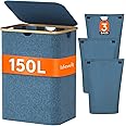 Lifewit 150L Laundry Basket with Lid 3 Section, Large Laundry Hamper with Bamboo Handles and Removable Laundry Bags, Clothes Hampers for Laundry for Bedroom, Bathroom, Dorm, Laundry Room, Dark Blue