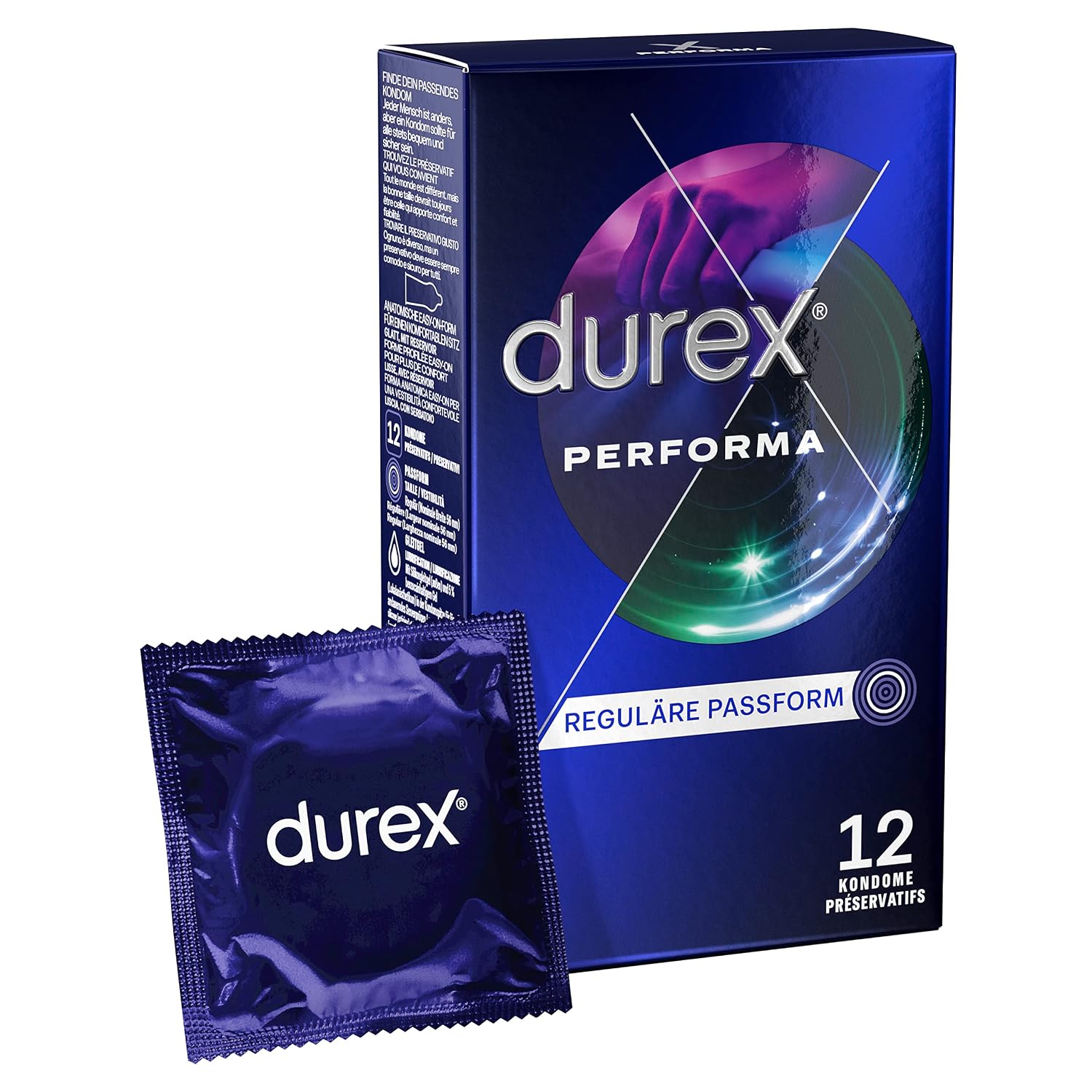Durex Performa 12 condooms voor langdurig seksueel genot, met 5% benzocaïnehoudende gel voor langdurig seksueel genot en Easy-On vorm