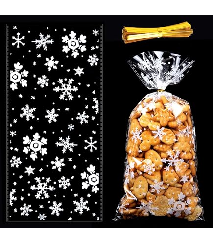 Becellen 100 Pezzi Sacchetti Biscotti E Etichette Regalo Natale – Fiocco Di Neve – Confezione Regalo Fai Da Te Con Cordini Rossi E Laccetti Dorati