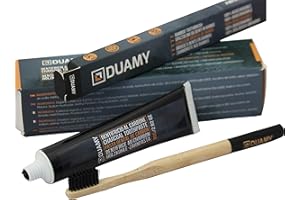 DUAMY Dentifricio Sbiancante al Carbone Attivo + 1 Spazzolino da Denti in Bambù, Sbiancante per Denti Bio e Organico – Kit Sbiancante Pasta Denti Naturale Senza Perossido + 1 Spazzolino Bambo 80GR