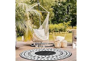IFJA Garden Rug Reversible Round Outdoor Lawn Carpet Waterproof Mat for Garden Picnic Camping Festivals Beach Suitable for Home (Black/White)