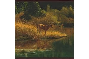 CONCORD WALLCOVERINGS ™ Tapete Bordüre Natur Muster Hirsche Teich Wald Bäume für Wohnzimmer Jagd Haus Bauernhaus, Braun Blau Grün Gelb, 4,5 m x 20,3 cm ADV2083B