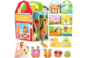 hahaland 3D Montessori Busy Book for 1+ Year Old – 15-in-1 Interactive Sensory Busy Board, Educational Felt Toddler Quiet Toy & Travel Activity, Farm-Themed Baby Toy for 18M+ Girls Boys Airplane