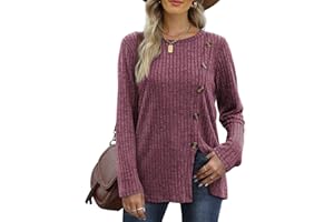 Aokosor Womens Long Sleeve Tops Ladies Lightweight Jumpers Button Front Slit Tunic