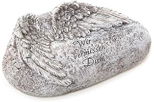 Logbuch-Verlag Gedenkstein Grabschmuck Wir vermissen Dich mit Engelsflügeln Kleiner Grabstein Allerheiligen Deko grau Silber 20 x 11,5 x 7 cm