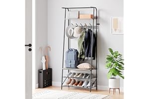 IDEALHOUSE Coat Rack Shoe Bench with 5 Hooks, Hall Trees Entryway Bench with Storage, Multifunctional Hallway Organizer, Wood Look Accent Furniture with Metal Frame for Entryway, Living Room, Bedroom