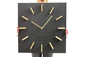 FLEXISTYLE Duży EKO prostokątny zegar ścienny bez odgłosów tykania LOFT Grande czarny 50 cm (grubość 19 mm), do salonu, sypialni, wyprodukowany w UE