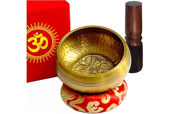 TARORO Bol chantant tibétain ~ 7 Métaux, Ø12 cm, originale du Népal, faite à la main ~ Set avec coussin, maillet et coffret rouge ~ Méditation, Chakra et thérapie du son