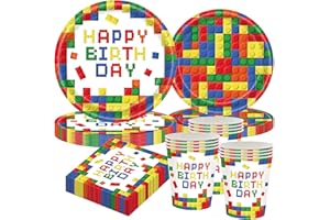 CANCJ Baustein Partygeschirr Set für 10 Gäste – Bunte Baustein Kindergeburtstag Deko, Pappteller 9"/7", Becher, Servietten – Bauklötze Geburtstag Mottoparty Einweggeschirr Jungen Mädchen