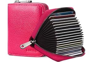 Goopai RFID 20 Card Slots Credit Card Holder Genuine Leather Accordion Card Case Small Wallet for Women or Men with Zipper (Rose red)