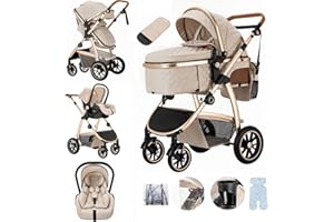Lnhcrbs 3-in-1 Pushchair, Baby Pram with Adjustable Height Handle, Mountaineering Pushchair with Anti-Mosquito Net, Rain Cover, Mummy Bag, Bottle Holder, for 0-4 Years, 22 kg, Beige