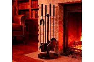 Kingson Set di 5 accessori per caminetto – Acciaio rivestito in polvere nero – Include spazzola, paletta, attizzatoio, pinze e supporto pesante – Accessori per focolare per bruciatori a legna e stufe