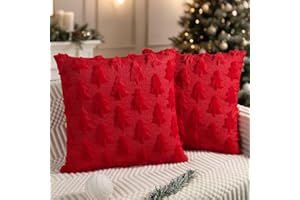 Miaikoe Christmas Cushion Covers 40x40 cm Set of 2 Red Christmas Tree Pillow Cases Soft Plush Faux Fur for Winter Holiday Home Coach Sofa Decoration