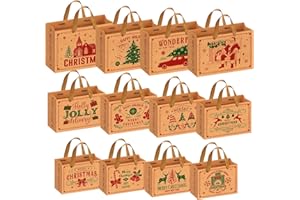 HRETVOI 12 Piezas Bolsas Regalo Navidad, Grandes Medianas Pequeñas Diferentes Tamaños Bolsa de Papel Kraft con Asas, Bolsas para Regalos Reutilizable, Saco Presente Natal (33x11x23cm/28x10x20 cm/23x9x18cm)