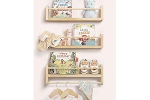 Mazjoaru Nursery Shelves Floating Book Shelf for Wall, Kids Shelves for Bedroom Baby Bookshelf Decor, Solid Wood Small Shelving Organizer With Wooden Bead Design 40cm Set of 3
