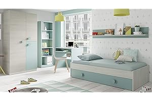 Miroytengo Pack Muebles Dormitorio Juvenil Completo Color Verde y Blanco con somier 90x190 (Cama, Estante, Armario, Mesa y estanteria)