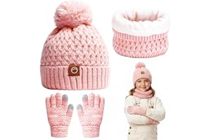 YUFFQOPC Kids Hat Scarf Gloves Set, 3 In 1 Knit Warm Toddler Winter Cap Gloves Neck Warmer, Warm Thermal Knitted Beanie Cap Snood Neck for Girls 3-12 Years, Pink