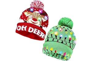 EKKONG Weihnachtsmützen Plüsch,2 Stück Weihnachten Mütze mit LED Licht, Warme Wintermütze,LED Weihnachten Strickmütze Beanie Hat dekorative Geweih Strickmütze Wintermütze warme Mütze