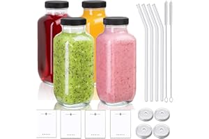 MEIMUCUL Shot butelki do napełniania, 500 ml, butelki do smoothie, 4 szklane butelki do napełniania, słoiki wielokrotnego użytku z pokrywkami, idealne do soku, imbiru, koktajli mlecznych