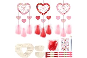 ‎MWOOT MWOOT 6 Sets Herz Traumfänger Bastelset, DIY Holz Traumfänger in Herzform mit Feder, Valentinstag Kreativsets Hängende Dekorationen zum Basteln für Schlafzimmer Wand Fenster