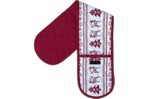 Double Oven Gloves - 84 cm x 18 cm x 1 cm, 1-Piece Oven Mitts for Cooking & Baking - Cotton, Machine Washable at 30° - Kitchen Essentials by Ragged Rose - (Red Christmas Nordic)
