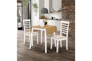 Hallowood Furniture Ledbury Small Dining Table and Chairs Set 2, Drop Leaf Table & Chairs with Warm Cream Fabric Padded Seat, Dining Set for 2 in White & Oak Finish, Ideal for Home or Cafe