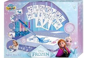 Disney Frozen Spray Pen set Deluxe | Pustepennor, 12 pennor, 16 stenciler | Deluxe Airbrush målningsset med spraypennor och återanvändbara stenciler, färgkombinationer på lådan, för Frozen-fans