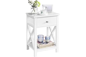 Yaheetech Bedside Table with 1 Drawer X Design Nightstand with Storage Shelf Wooden Cabinet Side Table Storage Unit for Bedroom/Living Room, 40x30x55cm, White