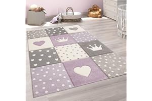 ‎PACO HOME Paco Home Teppich Kinderzimmer Junge Mädchen Kinderteppich Spielteppich Kurzflor 3D Optik Pastell Punkte Herzen Krone, Grösse:160x230 cm