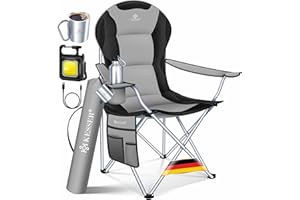 KESSER Chaise de camping pliable jusqu'à 150 kg - Chaise pliante rembourrée avec accoudoirs, dossier haut, chaise de plage, tabouret pliant avec lumière de camping, porte-gobelet, sac et gobelet gris