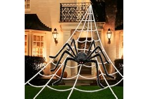 PUHPIG Halloween-dekorationer, 508 cm triangulär spindelnät + 59 tum | Enorma spindlar nät och hårig skrämmande falsk spindeldekor för utomhusbruk, inomhus, verandagård, kostymfester, spökhus